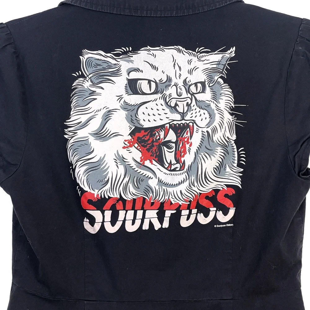 Sourpuss Clothing Y2K Black Cat Cap Sleeve Collared Zip Up Shirt Dress Large - Picture 6 of 12